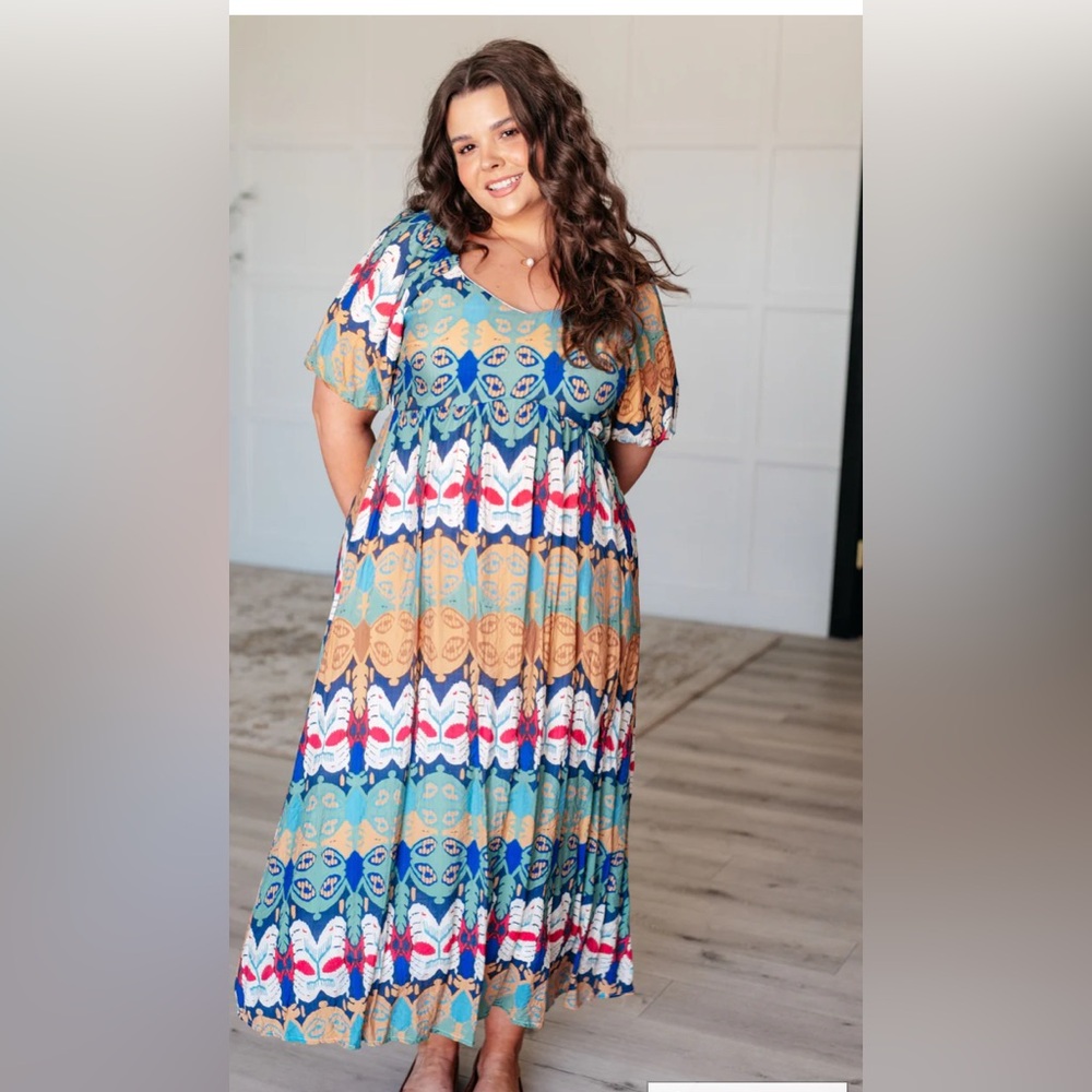 Polygram V-neck colorful Balloon Sleeve Maxi Dress 3X